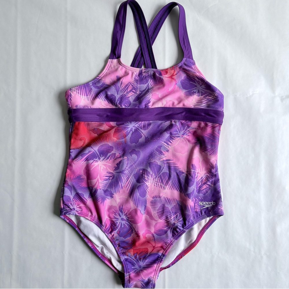 SPEEDO Pink Purple Floral ONE-PIECE SWIMSUIT Beach Summer Cruise YOUTH 14 Girls